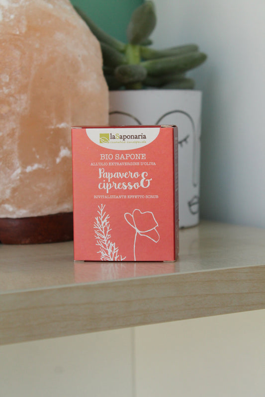 Sapone papavero e cipresso, solido rivitalizzante, esfoliante di La Saponaria (100 gr)